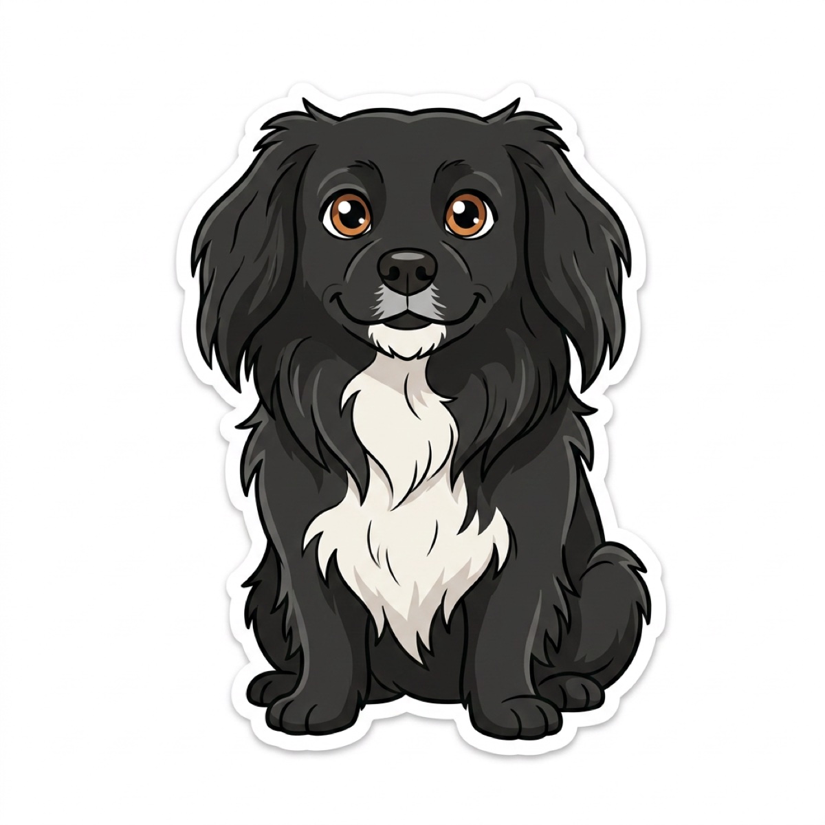 A fluffy black dog photographed in a garden, next to the clean cartoon character made from that photo